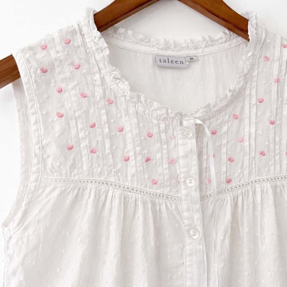 Taleen White Swiss Dot Cottage Nightgown with Pink Heart Yoke Lace Trim Size M